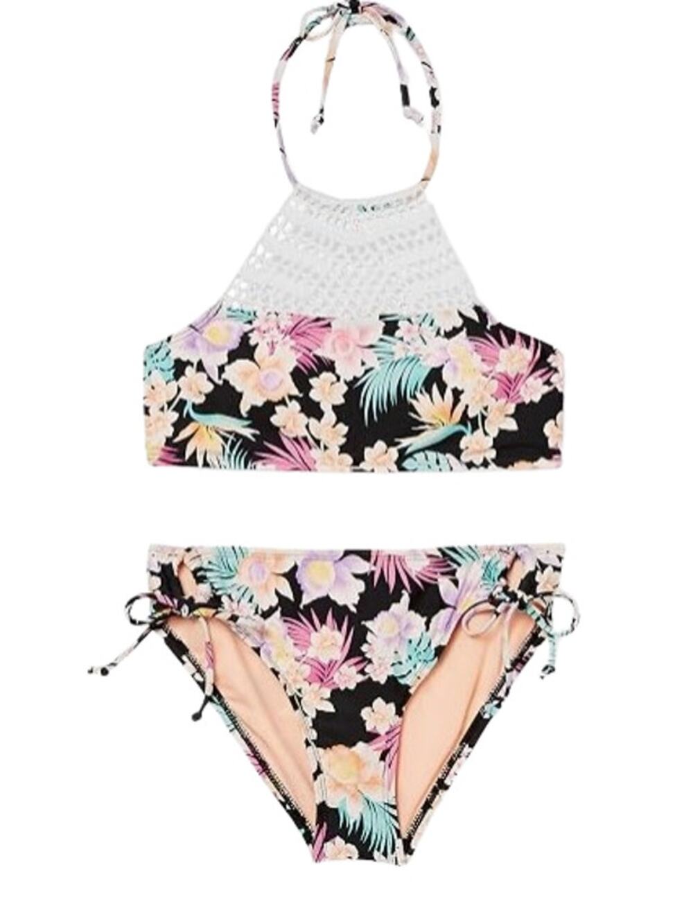 HOBIE Girls Bikini Swim Set Size 10 Black Floral Print Island Hopping NWT